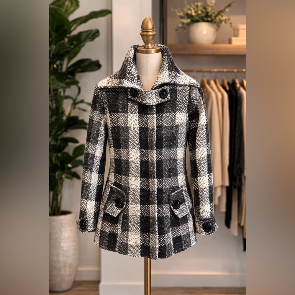 LOVESTITCH Plaid Tweed Wool Peacoat – Black Gray White – 100% Wool